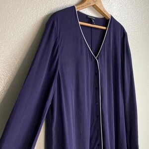 Eileen Fisher Piped Silk Crepe button front blouse Pajama style Long Sleeve Sz L